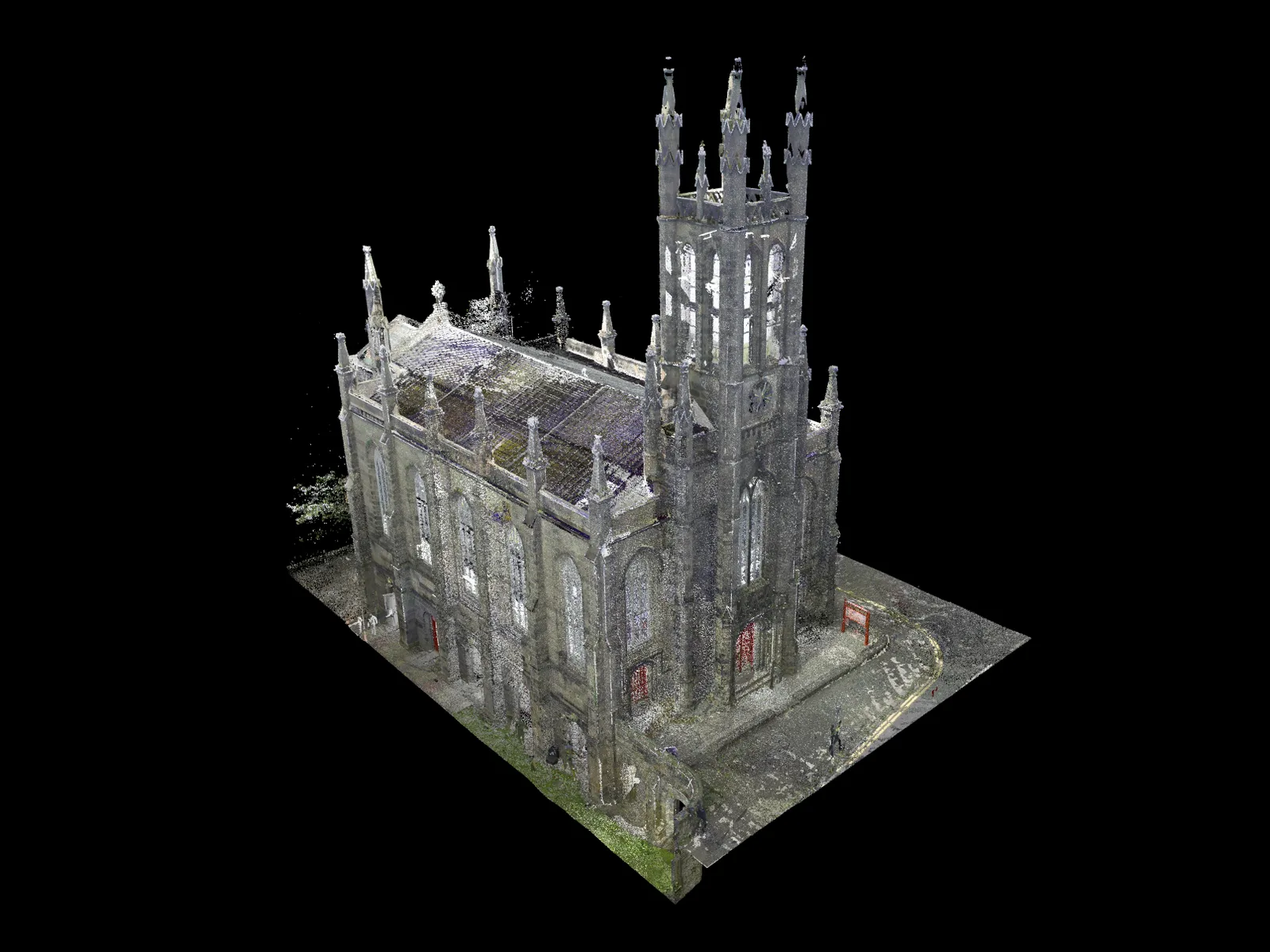 Coloured laser scan point cloud of a historic Gothic church in Edinburgh, with its tower and pinnacles, scanned inside and outside